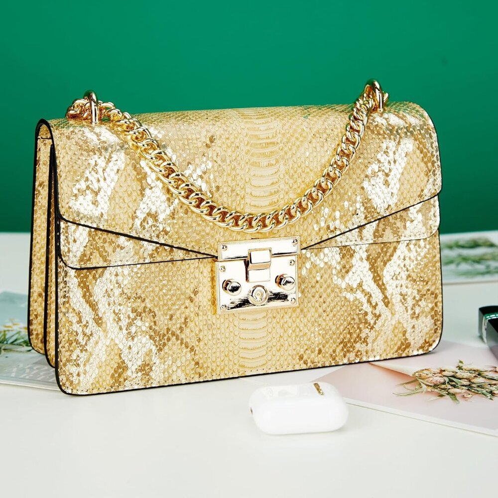 ⚡ Women's Fashion Snake Gold Vegan Leather Print Casual Satchel Crossbody Bag